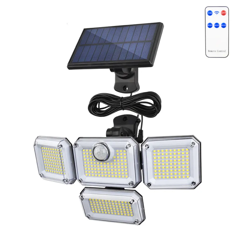 Luzes solares de parede 333LED divididas com sensor de movimento externo integrado por indução humana cabeça ajustável IP65 à prova d'água com controle remoto