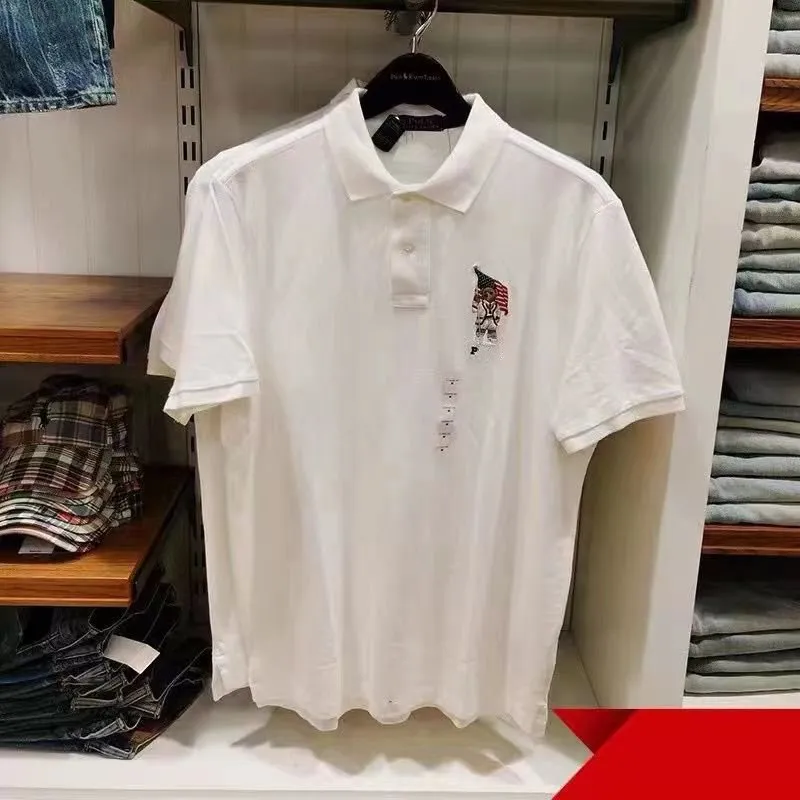 Lapela de manga curta masculina de polos casuais bordados camiseta bordada de urso britânico britânico esportivo de algodão puro algodão