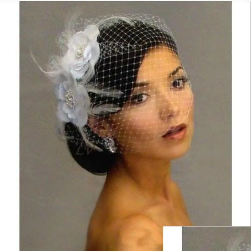 Brautschleier Blumen Rose Vogelkäfig Schleier Hochzeit Vogelkäfig Netting Gesicht Kurze Feder Blume Weiß Fascinator Braut Hüte mit Drop de DHNXF