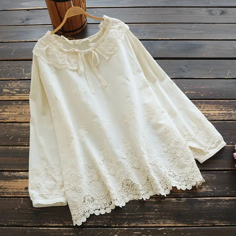 Women's Blouses & Shirts Spring Autumn Ruffled Collar White Beige Gauze Embroidery Women Casual Sweet Loose Cotton Long Sleeve Blouse Tops U