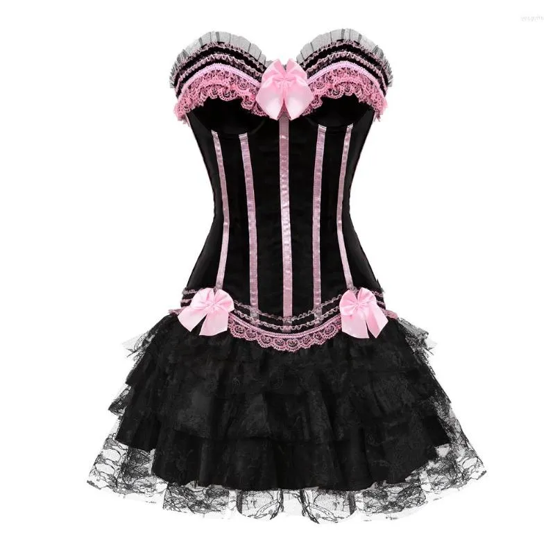 Bustiers Corsets Rose Sexy Stripe Overbust Corset Top Et Robe Coupe Bretelles Bustier Dentelle Jupe Satin Body Shaper Lingerie