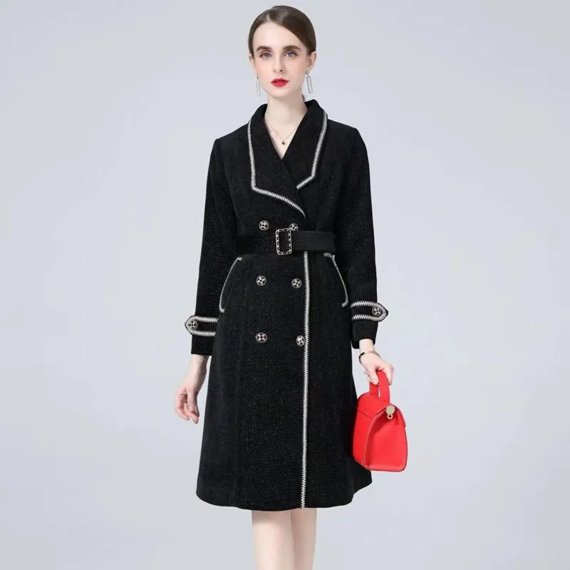Женские траншеи пальто покрывают высококачественные дизайнерские дизайнеры Осень зимняя винтажная кнопка отворота Black Elegant Fashion Party Slim Long Jacketww