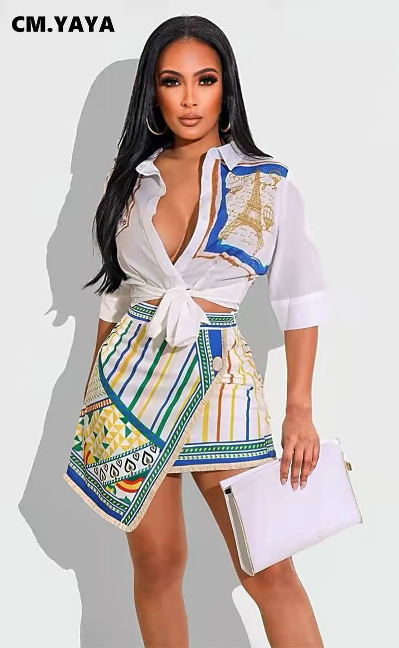 Two Piece Dress CMYAYA Elegant Womens Set Print Tie Hem Shirt and Draped Aline Paisley Stripe Skirt 2 INS Outfits Summer 230209