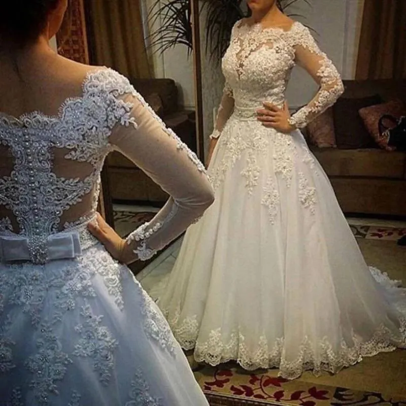 Wedding Dress Other Dresses Elegant Illusion Back Tulle Ball Gown Long Sleeve Lace Floor-length Customized Appliques Bridal DressOther