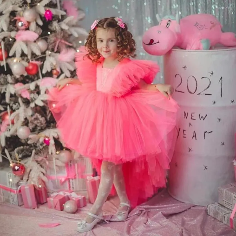 Kız Elbiseler Kısa kollu Tül Çiçek Pembe Ön Kısa Sırt Uzun Bebek Sevimli Parti Balo Elbise Sırtsız Noel Festivali Elbise