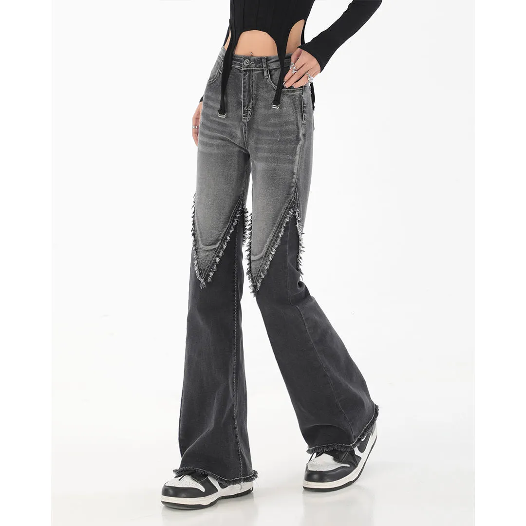 Jeans pour femmes American high street color blocking raw edge jean 's automne et hiver conception taille confortable vadrouille pantalon évasé 230209