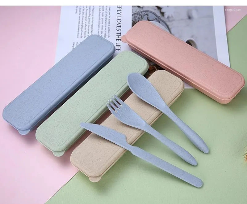 Servis uppsättningar 3 st/set cotestlar box rese bärbar japan stil vete halmkniv gaffel student tavla