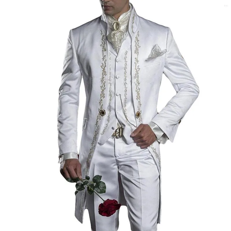 Herrenanzüge 2023 Stickerei Bräutigam Smoking Herren Weißer Trauzeuge Ein-Knopf-formeller Hochzeitsanzug (Jacke, Hose, Weste), dreiteilig