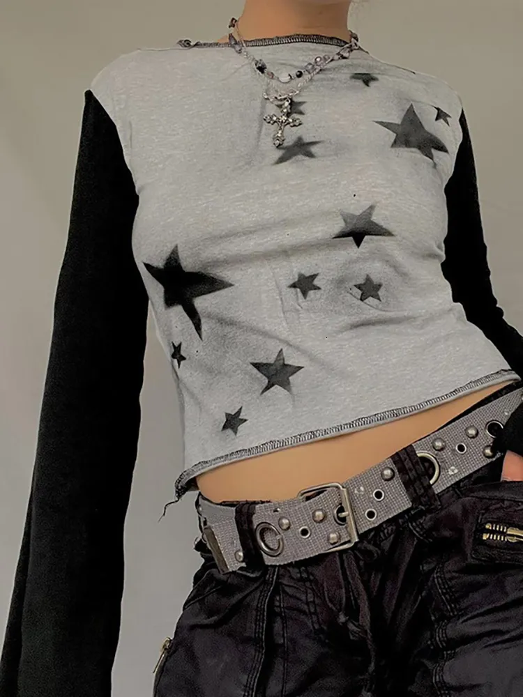 T-shirt Femme Star T-shirt Femme Vintage Crop Top Manches Longues Femme Patchwork Pulls Casual Basic Tee Y2k Dames Mode Automne 230208