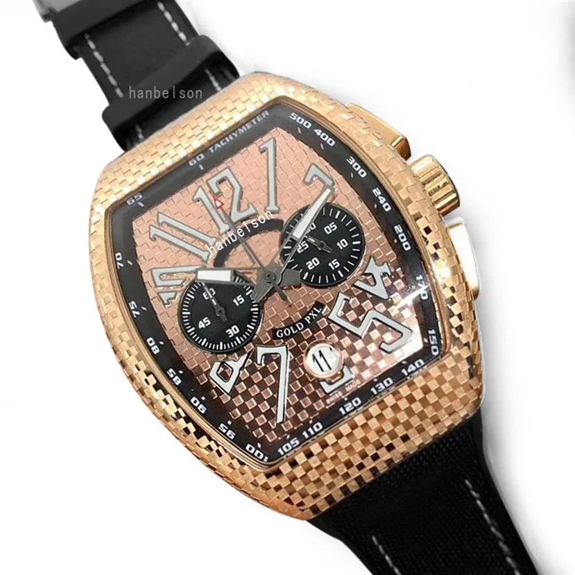 Novo movimento de quartzo de ouro rosa rel￳gios de a￧o luxusuhr multifuncional masculino banda de borracha orologio di lusso wristwatches255t