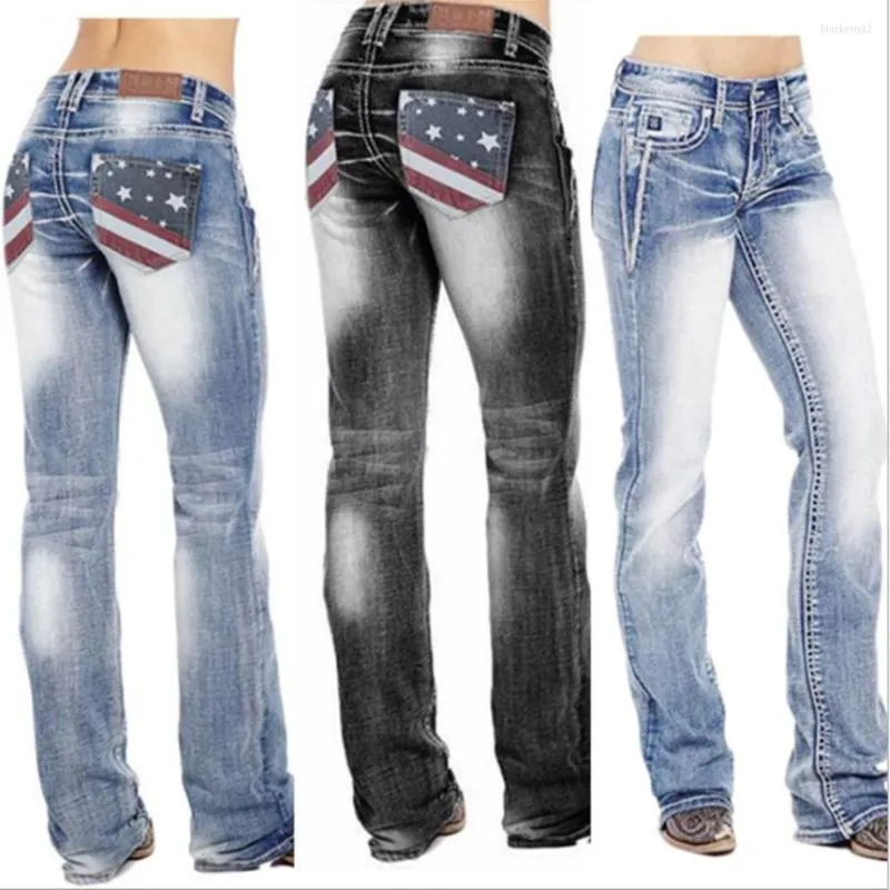 Kvinnor jeans kvinna femme hög midja kläder amerikansk flagga stretch tvättad bootcut mamma ropa mujer vintage byxor denim pantalon