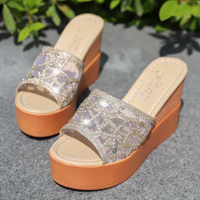 Summer Wedge Open Sandals Slippers Sequin Toe High Gold Silides Heels Heels Women Beach T230208 950