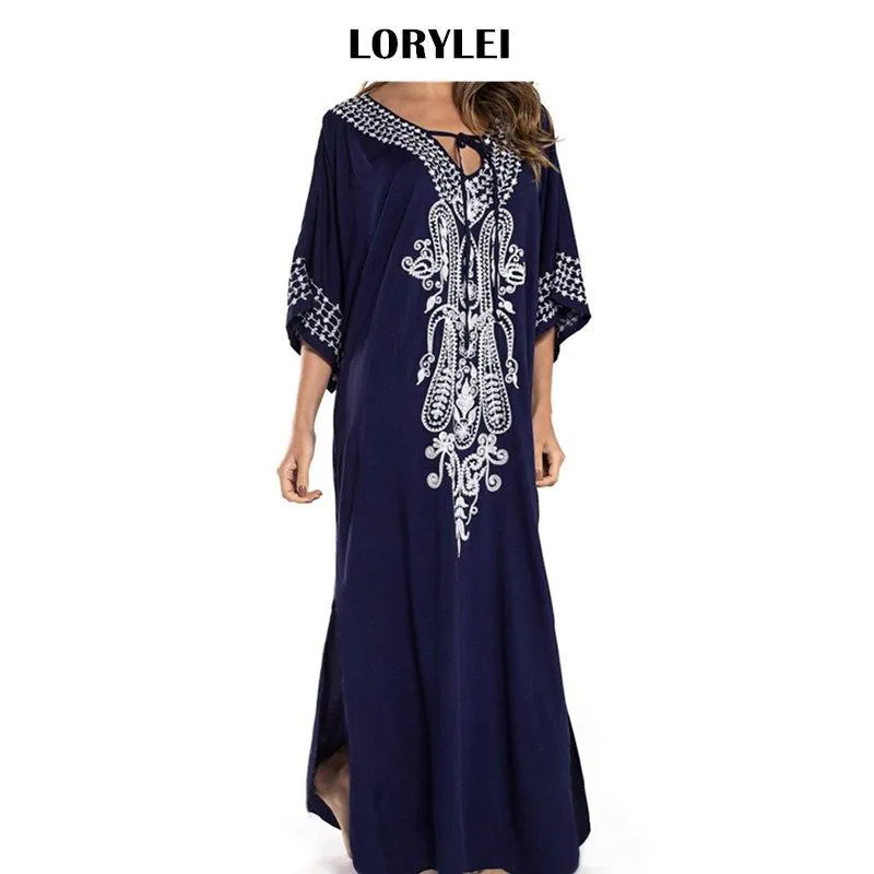 Parei Indie Folk ricamato Plus Size Caftano Summer Beach Dress Tunica di cotone blu Plage Robe Costume da bagno donna Cover Up N775