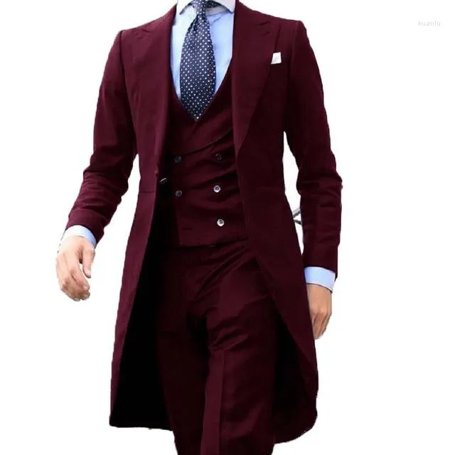 Men's Suits Arrivel 2023 Long Coat Designs Burgundy Men Suit Gentle Mens Tuxedo Prom Blazer Custom 3 Pieces (Jacket Vest Pants)