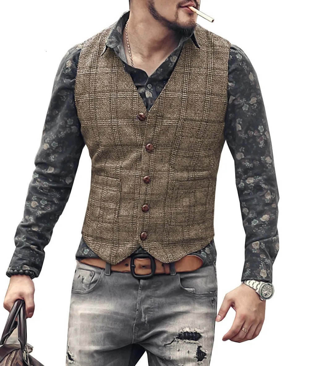 Herren Westen Anzug Männer Braun Schwarz Weste Weste Mann Plaid Steampunk Jacke Gestreift Tweed V hals Slim Fit Gilet Hochzeit_voghion.com