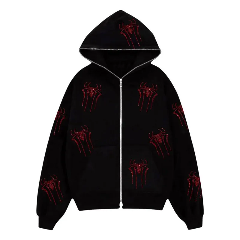 Kvinnors hoodies tröjor Rhinestones Red Spider Print Y2K Women Zip Up Long Sleeve Overdized Black Hoodie Gothic Punk Fashion Casual Sweatshirts 230209