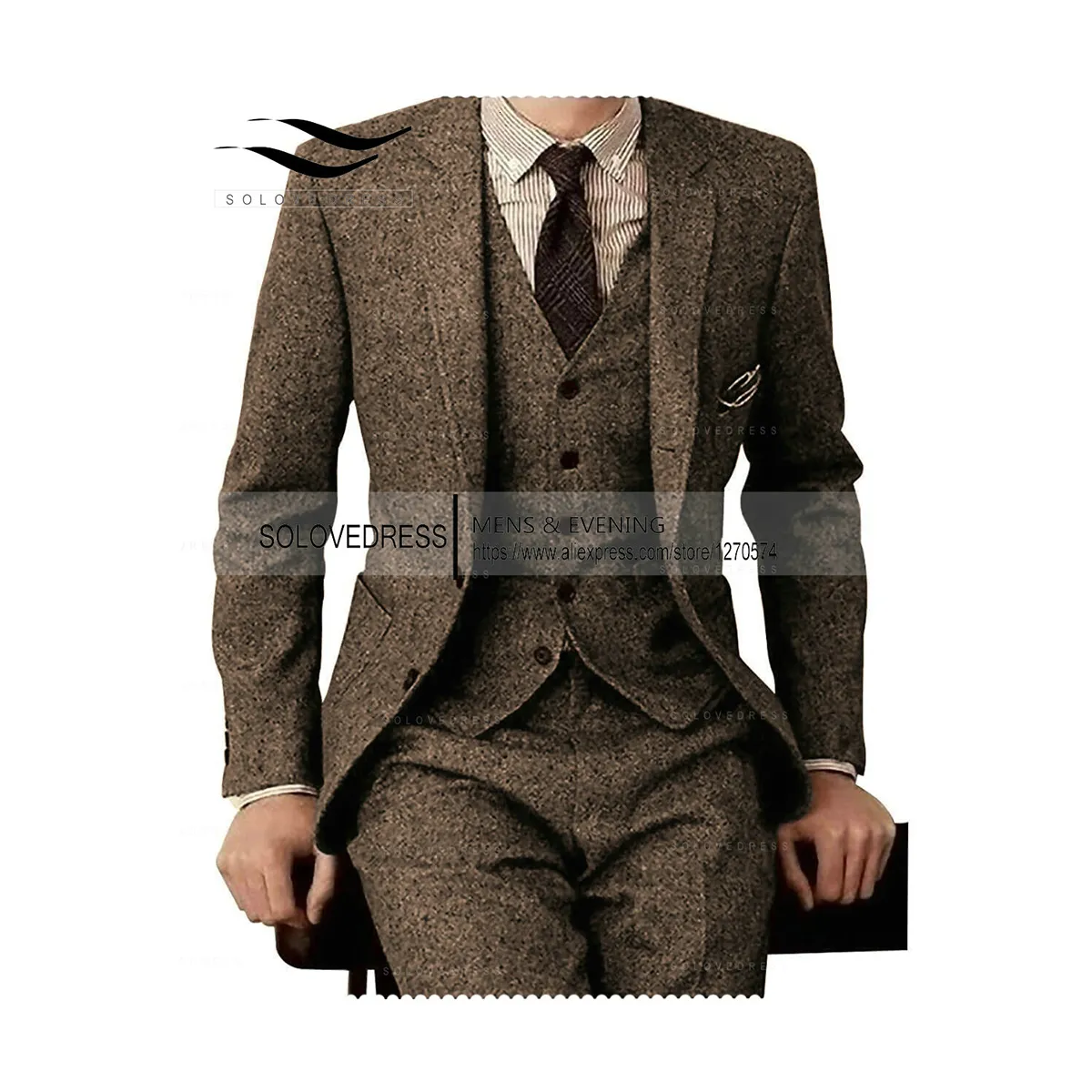 Mens Suits Blazers Brown Tweed Men 3 Pieces Formal Business Set Custom Gentlemens Groom Wedding Dress Blazer Jacketpantsvest 230209