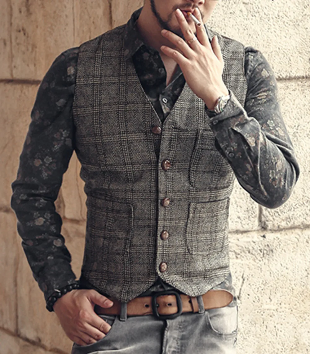 Erkek Yelek Takım Elbise Erkek Kahverengi Siyah Yelek Yelek Erkek Ekose Steampunk Ceket Çizgili Tweed V Yaka Slim Fit Yelek Düğün_voghion.com