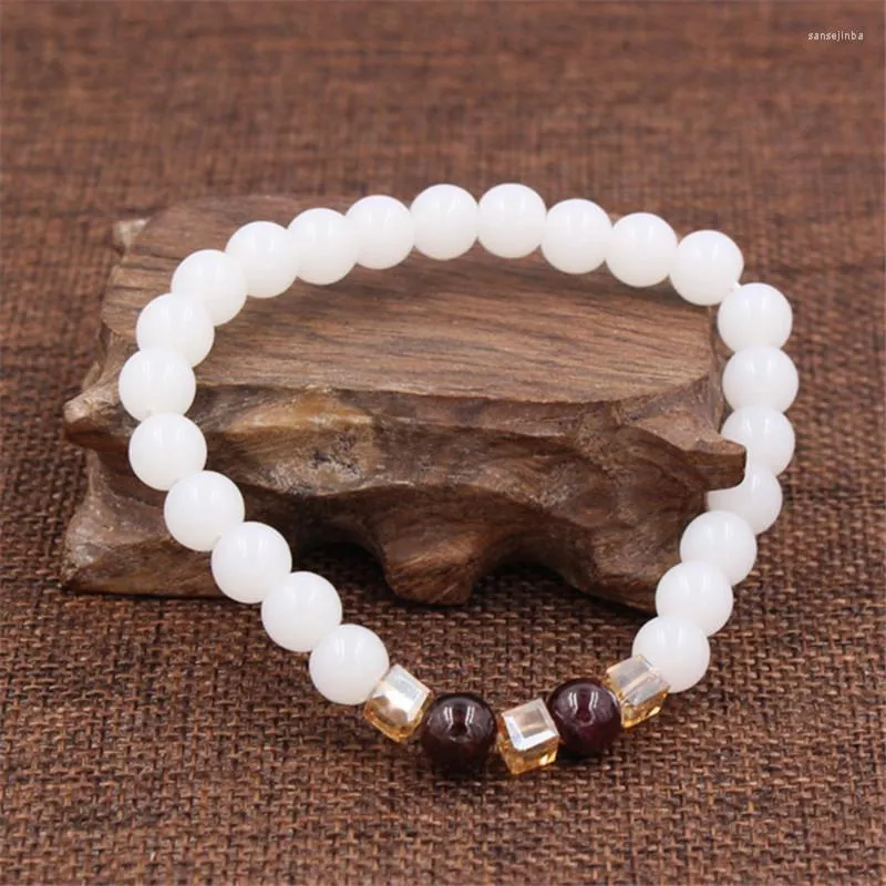 STRAND NATUURLIJKE WIT CHALCEDONY GRANNE BRACELETS BANGLANG VOOR DRAAG SIERADY BUDDHA Elastische Yoga Stone Bead Bracelet Drop