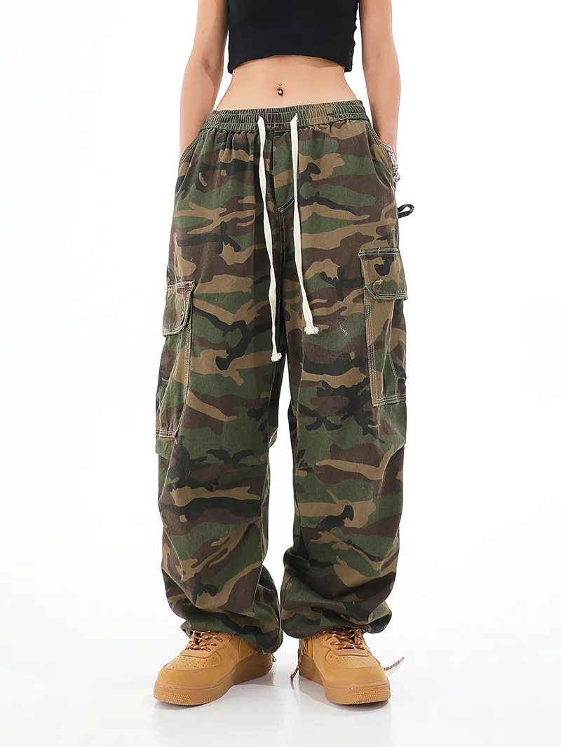 Women's Pants Capris Camouflage Women Cargo Pants Grunge Elastic Waist Hip Hop Sweatpants Unisex Joggers Trousers Vintage Pockets Wide Leg Pants 230209