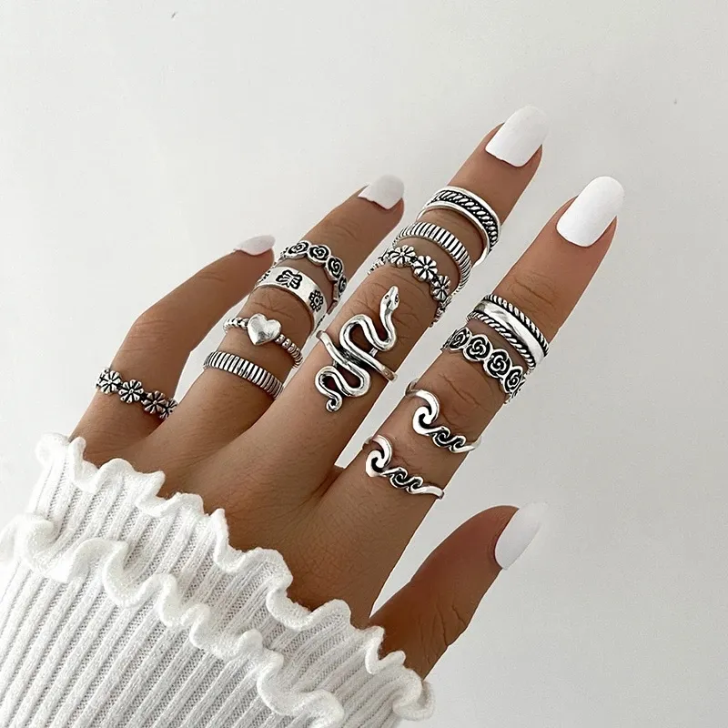 slang hartringen voor vrouwen mode sieraden vinger ring set gotische punk verzilverde bloemen golf ring feest sieraden