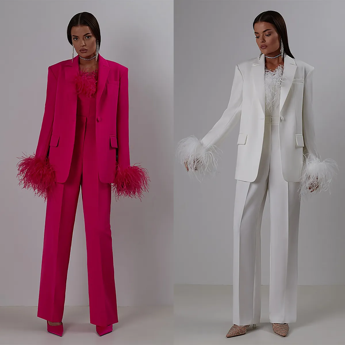 Celebrity Tailored Women Pants Suits Ostrich Feather Evening Party Wear For Wedding Wide Leg 3 Pieces