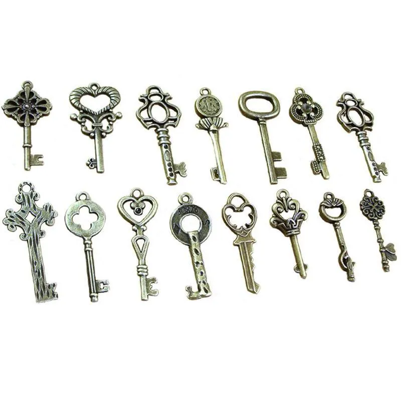 Charms 40pcs/1 Set Fack Heart Bow Bow Collece Penne Antique Vintage Old Look Bronze Skeleton Keyscharms Drop Delive 202 DHS8F