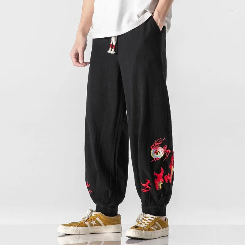 Pantaloni da uomo MrGB Cotton Linen Oversize da uomo Ricamato Beacon Stile cinese Harem Pantaloni da uomo casual vintage a vita alta
