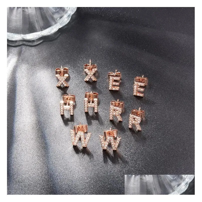 Stud Selling 26 Letter Copper Inlaid Zircon Earrings Rose Gold Temperament Small Ear Accessories Capital Letters Earr Dhibv