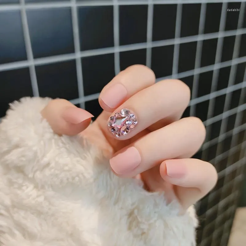 False Nails 24Pcs Fashion Pink Matte Rhinestone Decoration Press On Full Drill Handmade Fake With Glue