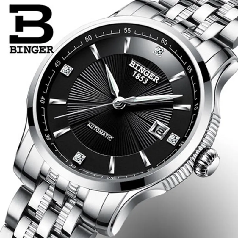 Relógios de pulso genuíno luxuoso Suíça Binger Brand Men Full Steel Aço Automático Sapphire Assista Masculino Simple Business Água à prova d'água Tabela