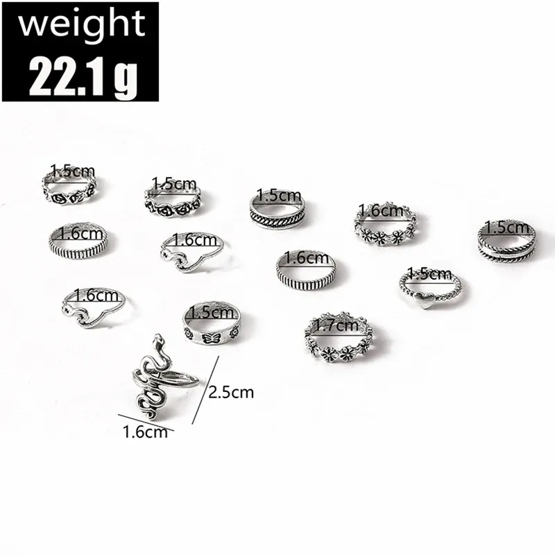 13stormhj￤rta ringar f￶r kvinnor mode smycken finger ring set gotisk punk silver pl￤terade blommor v￥g ring party smycken