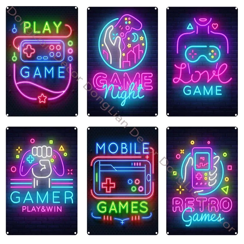 Videospel metall tennskylt spela och vinna neon dekorativ plack spel konsol vägg klistermärke modern järnplatta hem dekor spelare rum 20cmx30 cm woo