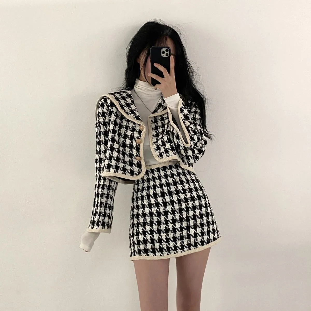 فستان من قطعتين stsvzorr فستان سيدات houndstooth خياطة معطف قصير عالية الخصر تنورة الورك من الموضة 2 قطعة مجموعة 230208