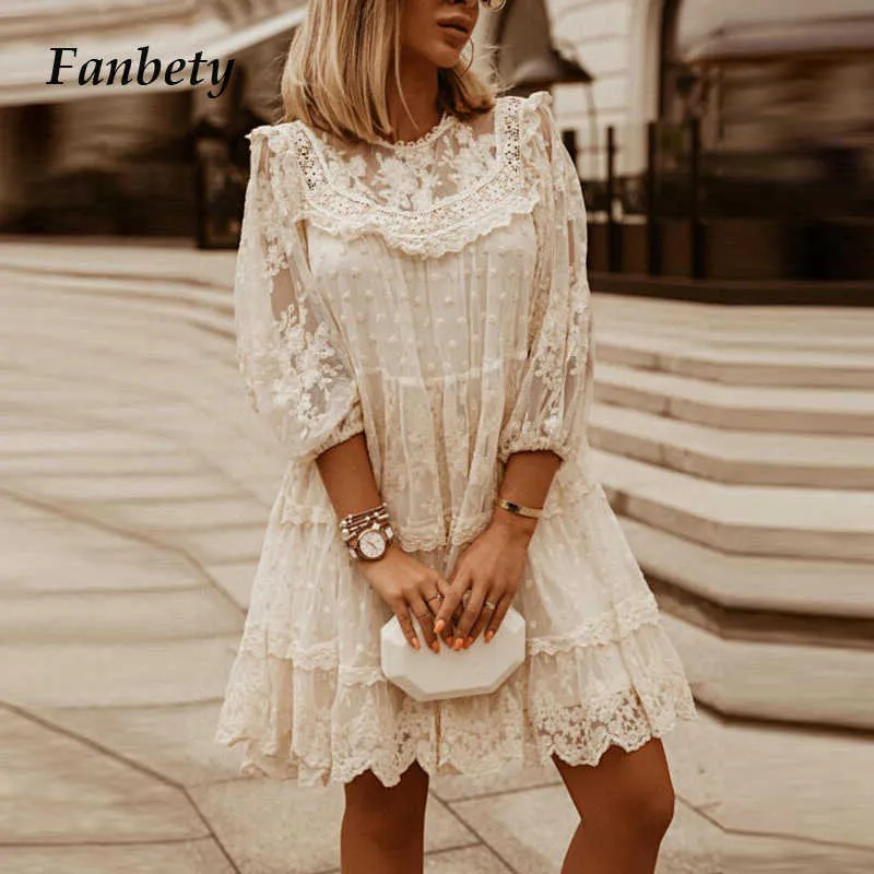 Casual Dresses Women Elegant Lace Embroidery Party Fashion Vintage Ruffle 3/4 Sleeve Ladies Sexy O-Neck Solid Sheer-Mesh Y2302