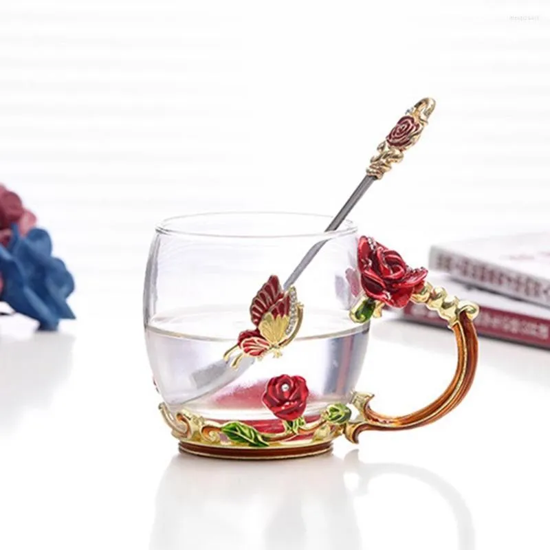 Verres à vin bleu Rose émail cristal tasse fleur thé verre tasse de haute qualité avec poignée cadeau parfait pour les amoureux de mariage