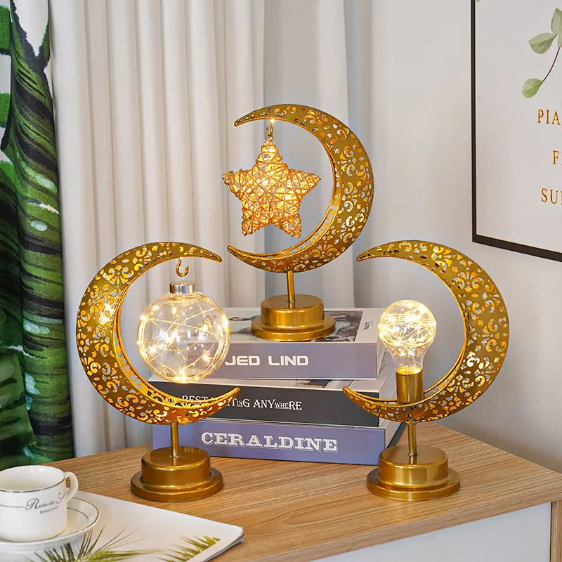 Dekorativa föremål Figurer Led Iron Ramadan Moon Star Lights Lamp Islamic Muslim Festival Table for Home Bedroom Kareem Decoration 230209