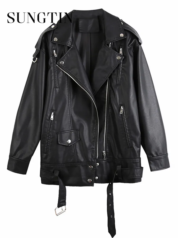 Femmes cuir Faux Sungtin noir PU vestes femmes avec ceinture surdimensionné coréen lâche moto mode casual vêtements d'extérieur 230209