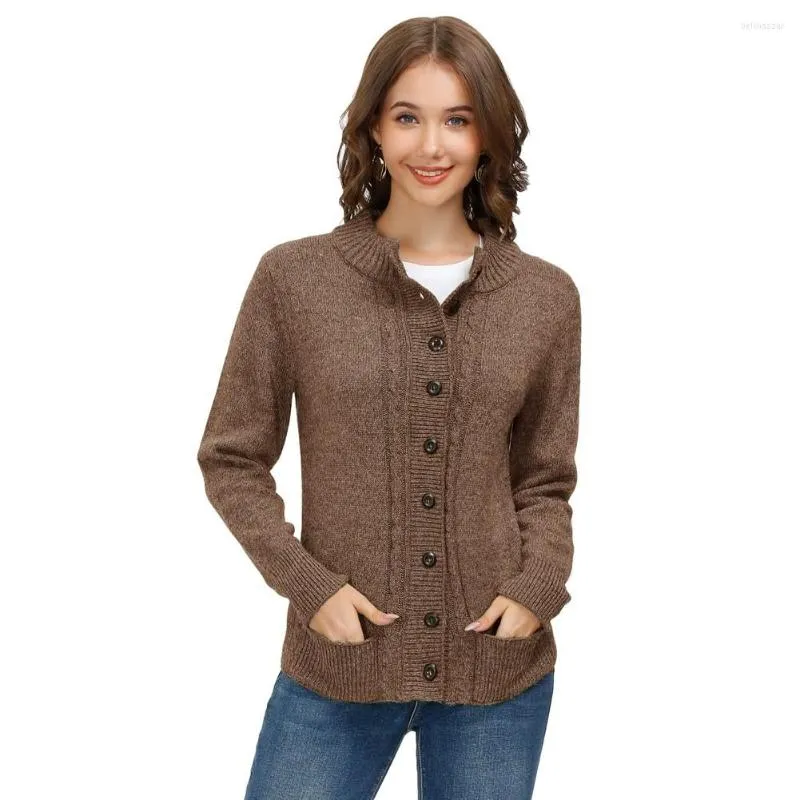 Malha feminina feminina suéter de botão de madeira cardigan casaco de manga longa malha malha