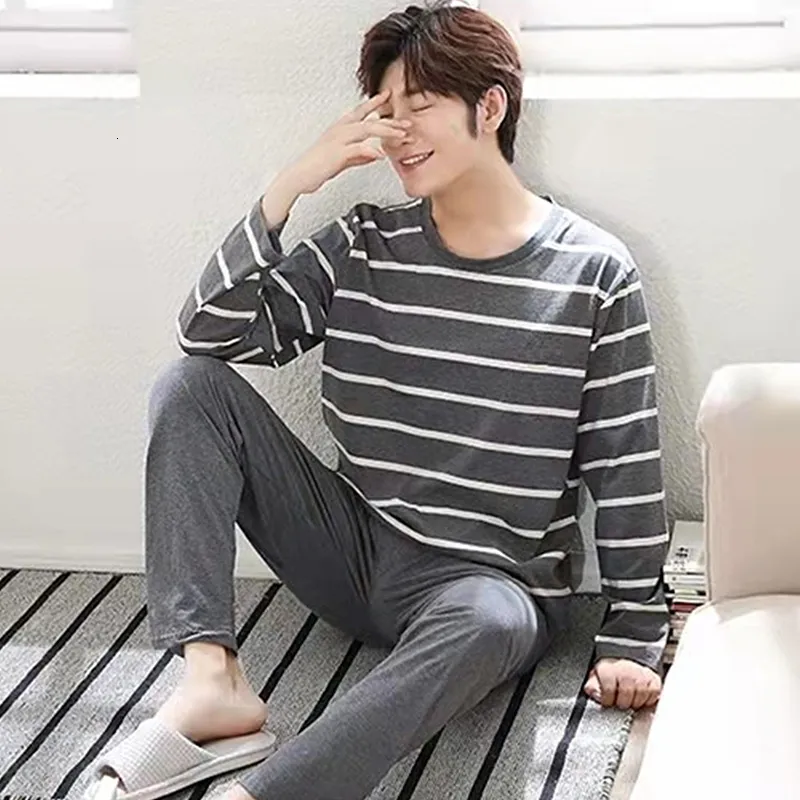 Men's Sleepwear Men's Pajamas Sets Letter Striped Sleepwear Nightwear Polyester Cartoon Underwear Casual Sleep Lounge Homewear Spring Autumn 230208