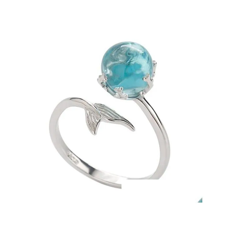 Bague solitaire en gros plaqué argent sirène mousse Tik Tok le même cristal bleu queue de poisson réglable livraison directe 202 Dhc8N