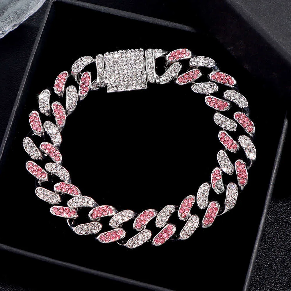 Link Chain Fashion Hip Hop Pink Crystal Cuban Link Chain armband voor vrouwen 13 mm verharde strass dikke Cubaanse armband 2022 sieraden cadeau G230208