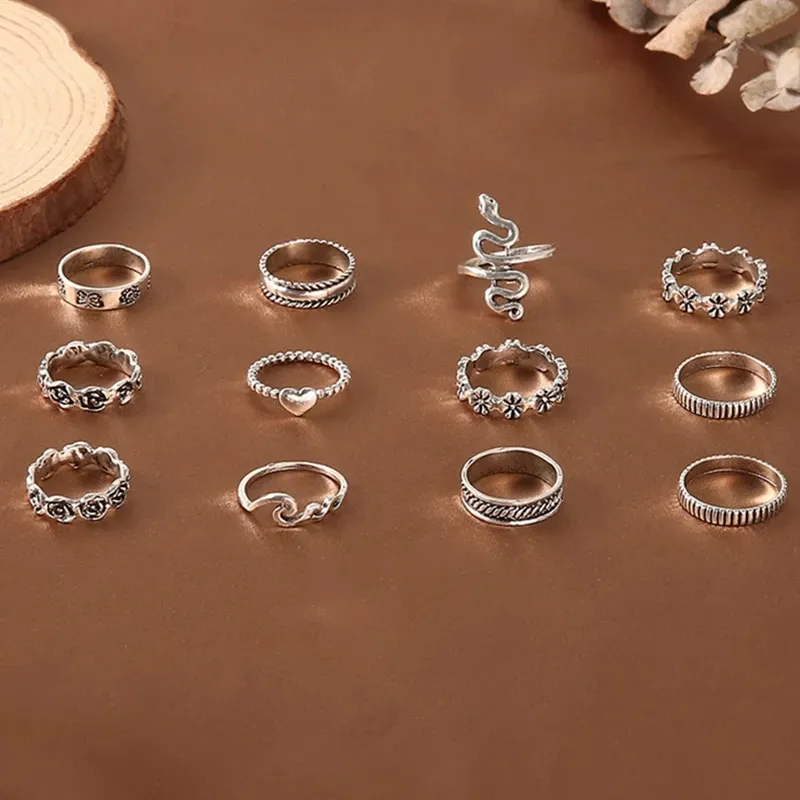 13 pièces/ensemble anneaux de coeur de serpent pour les femmes bijoux de mode ensemble de bagues de doigt gothique Punk argent plaqué fleurs vague anneau bijoux de fête