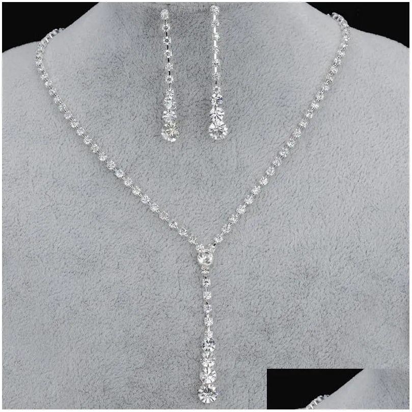 Gioielli Bling Crystal Set da sposa Collana placcata argento Orecchini con diamanti Set di gioielli da sposa Accessori per damigelle da sposa Drop Del Dh53Z