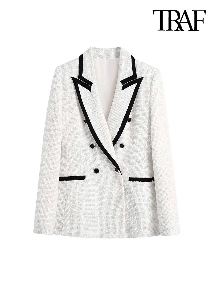 Kobiety damskie Blazers Traf Women Fashion z kontrastem rurki Tweed Blazer Coat Vintage Long Rleeve Pockets żeńska odzież wierzchnia elegancka veste femme 230209