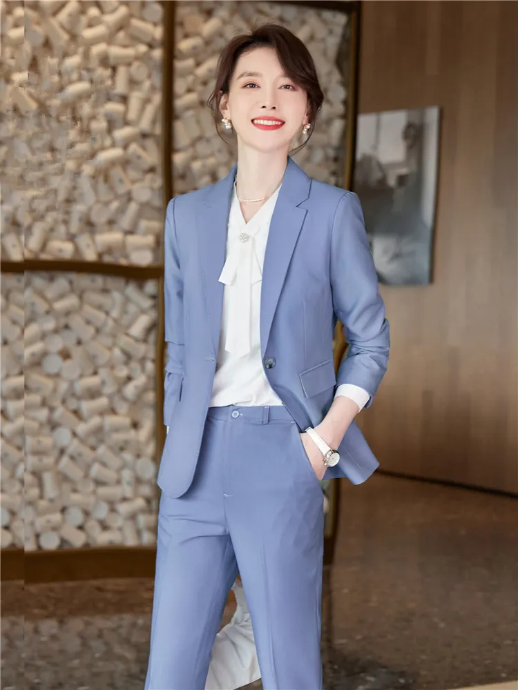 Womens Two Piece Pants Blue Blazers Suit For Women Elegant Blazer And Sets 2 Pieces Ladies Suits Formal Jacket Female uits 230209