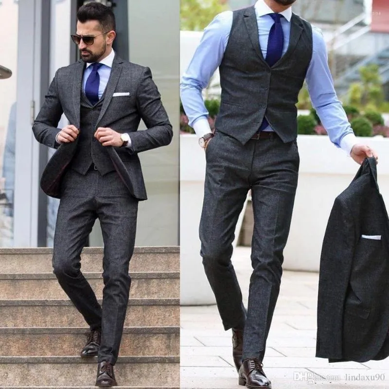 Vintage Tweed Dark Gray Slim Fit Grey Groomsmen Suits With