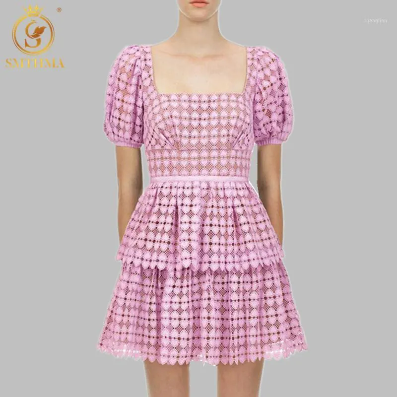 Casual Dresses SMMMA 2023 Kvinnor Summer Runway Dress Spuare Collar Puff Sleeve High midja ihålig ut spets kvinnliga modekläder1