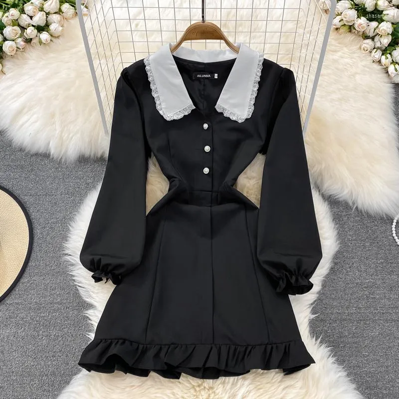 Casual Dresses Korean Version Of Age-reducing Sweet Doll Collar Waist Slimming Long Sleeve Peplum Dress