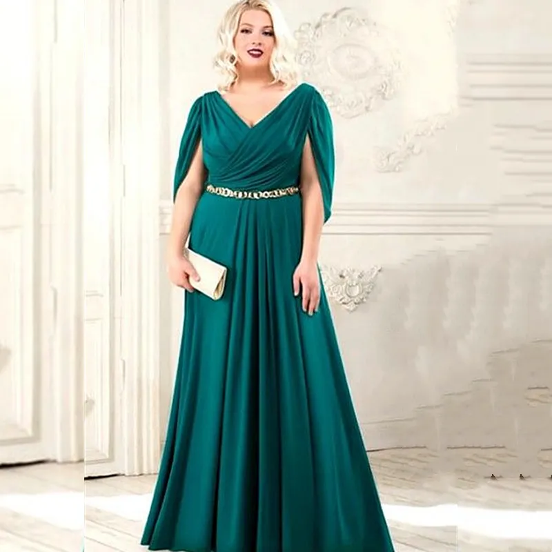 Moeder de grootte van groen plus bruid jurken v-neck a-line vloer lengte trouwfeest gastjurken korte mouwen lange mouwen lange satijnen bruidegom mom prom avondkleding